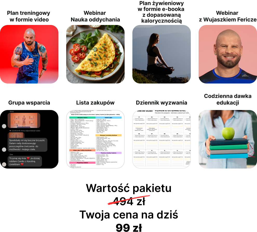 Co otrzymasz: plan treningowy, webinary, plan żywieniowy, grupa wsparcia, dziennik i codzienna edukacja