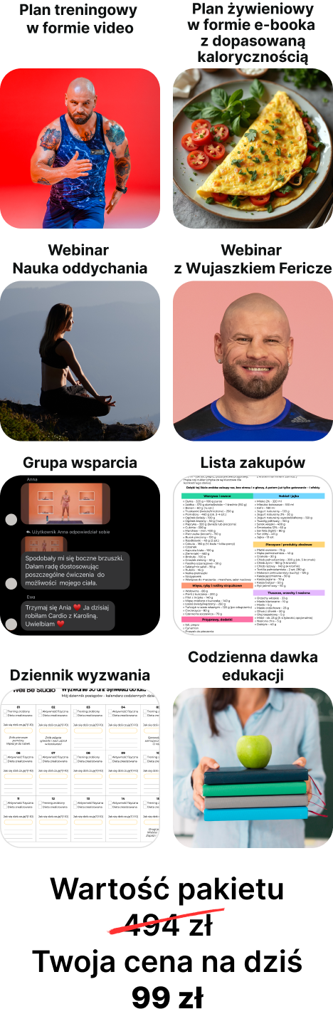 Co otrzymasz: plan treningowy wideo, plan żywieniowy e-book, webinary, grupa wsparcia, lista zakupów, dziennik wyzwania i codzienna edukacja